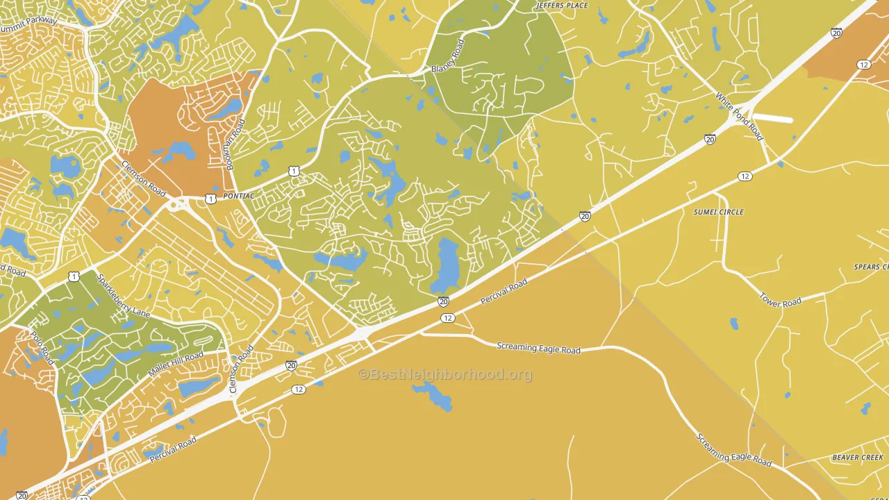 Map of the best neighborhoods in the Pontiac area, with better matches in green and worse matches in red