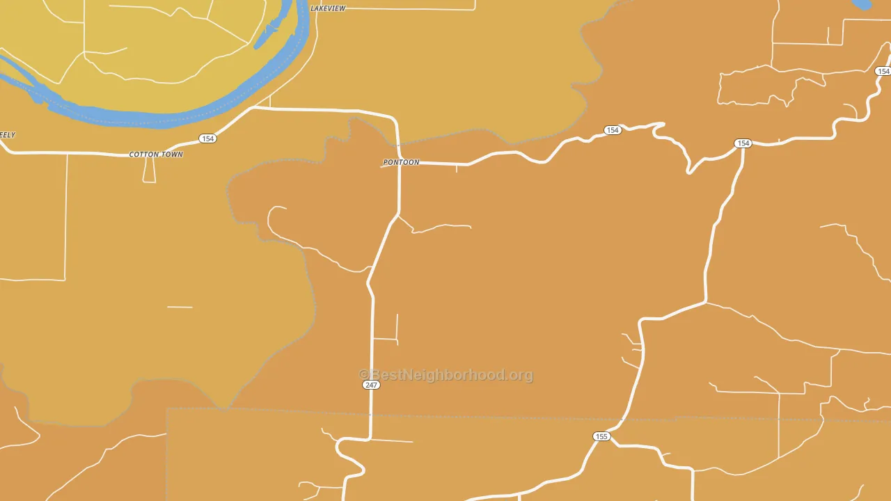 Map of the best neighborhoods in the Pontoon area, with better matches in green and worse matches in red