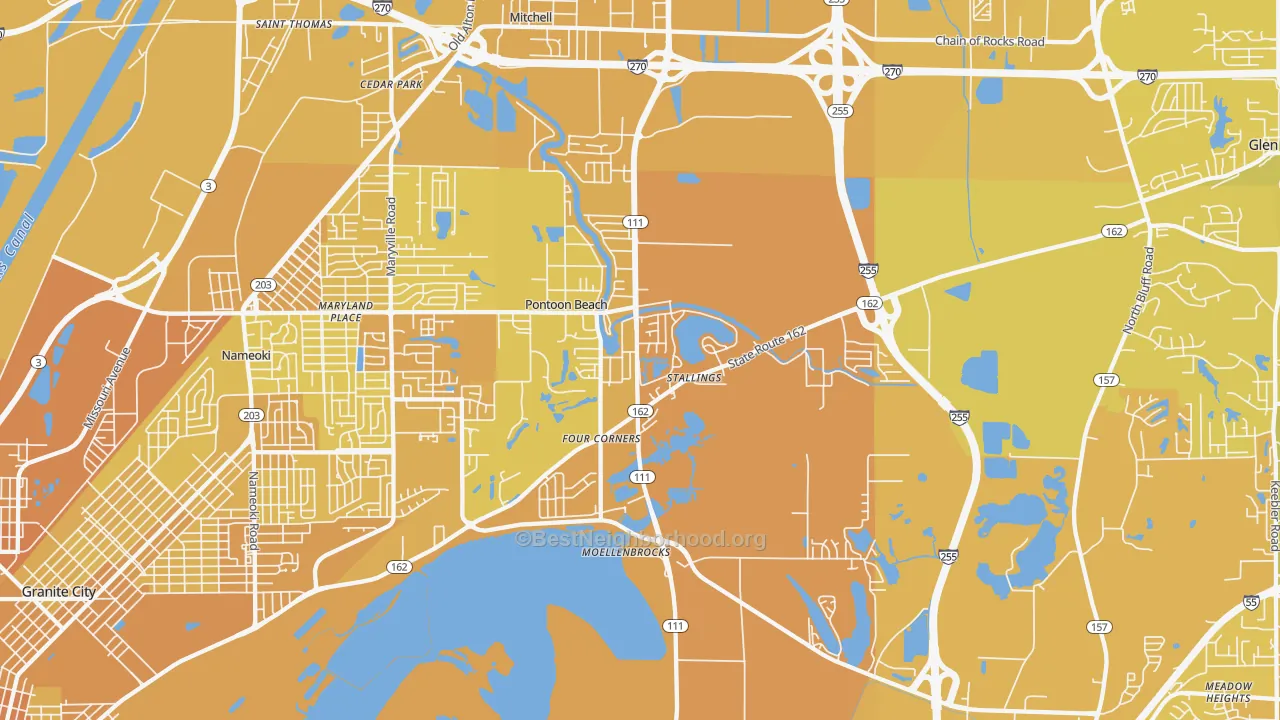 Map of the best neighborhoods in the Pontoon Beach area, with better matches in green and worse matches in red