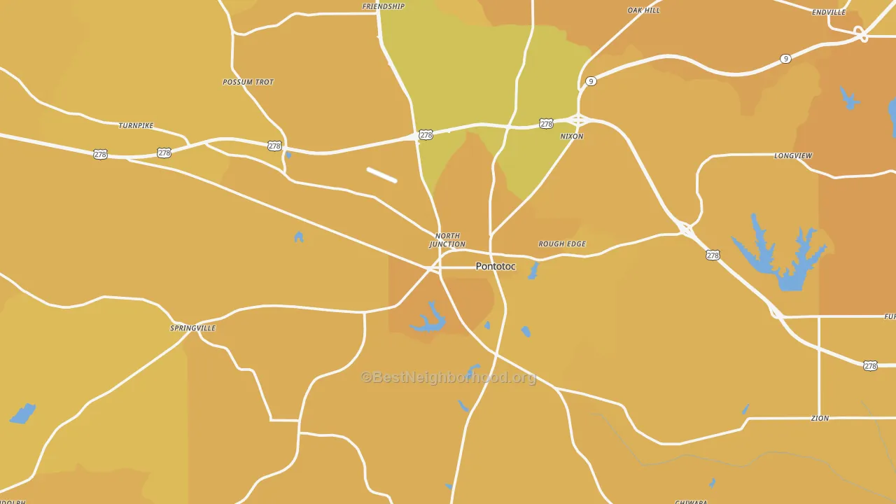 Map of the best neighborhoods in the Pontotoc County area, with better matches in green and worse matches in red