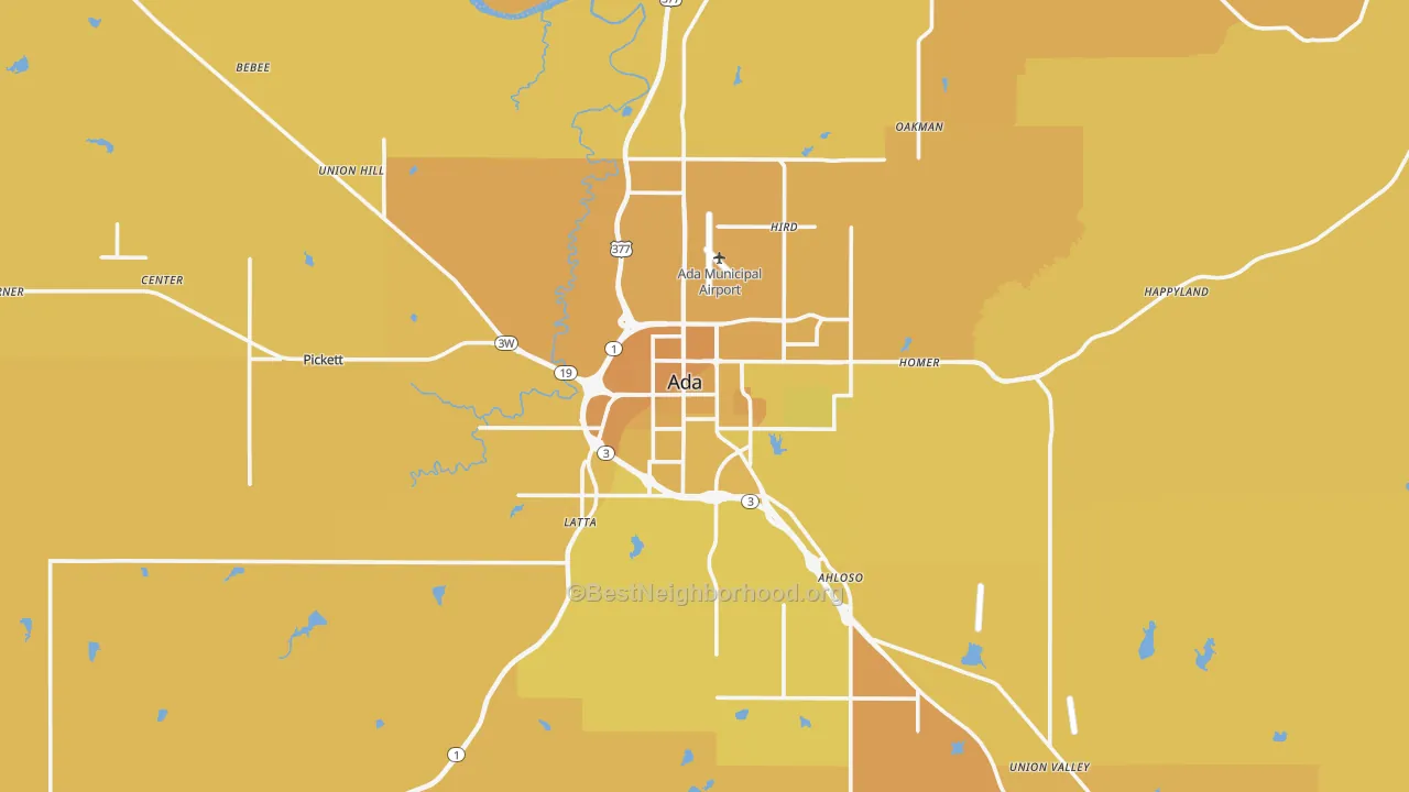 Map of the best neighborhoods in the Pontotoc County area, with better matches in green and worse matches in red