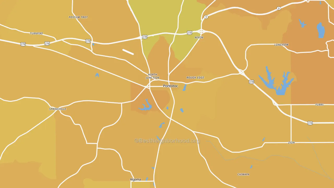 Map of the best neighborhoods in the Pontotoc area, with better matches in green and worse matches in red