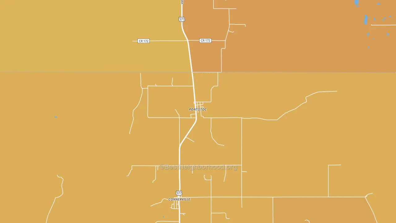 Map of the best neighborhoods in the Pontotoc area, with better matches in green and worse matches in red