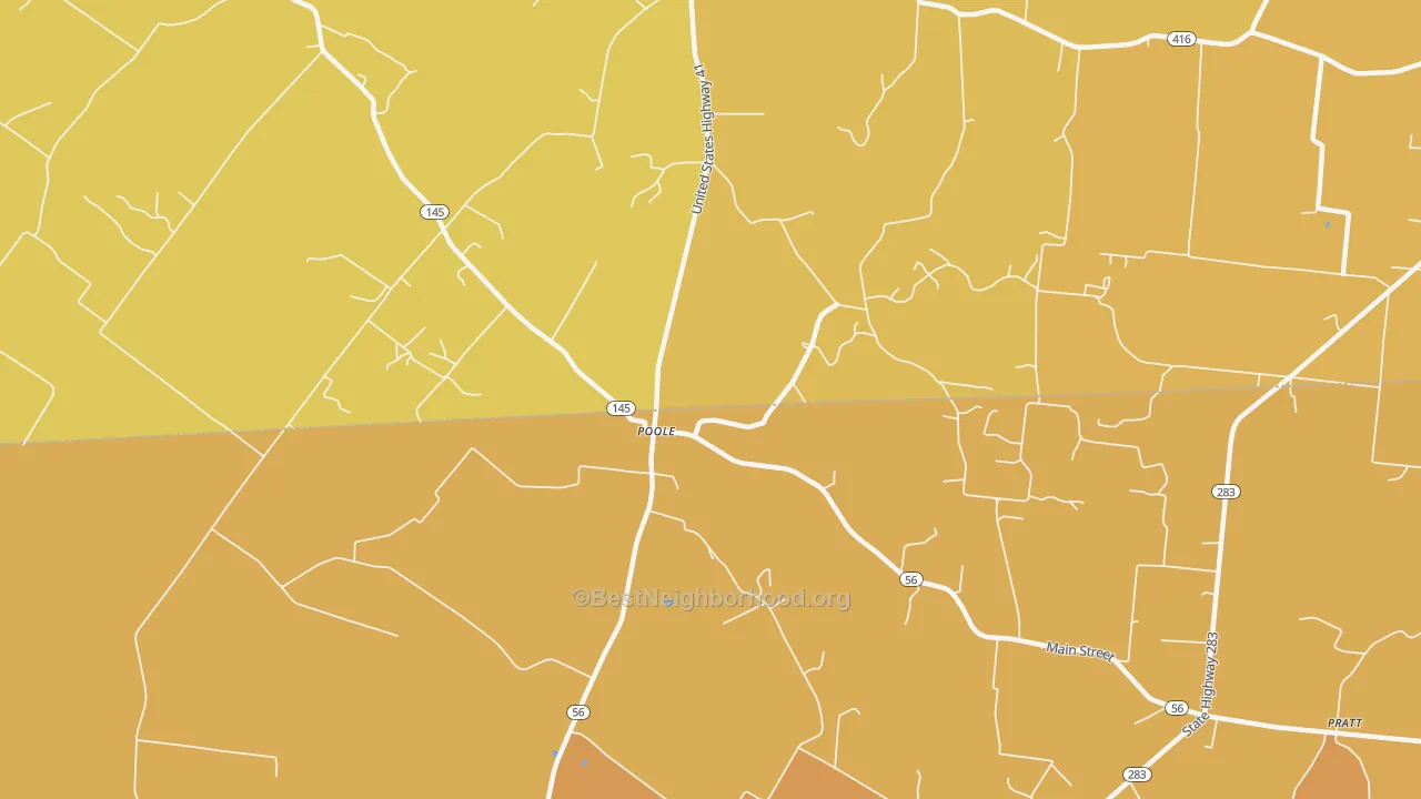 Map of the best neighborhoods in the Poole area, with better matches in green and worse matches in red