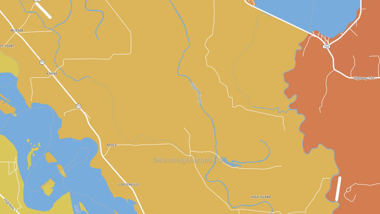 Map of the best neighborhoods in the Poole area, with better matches in green and worse matches in red