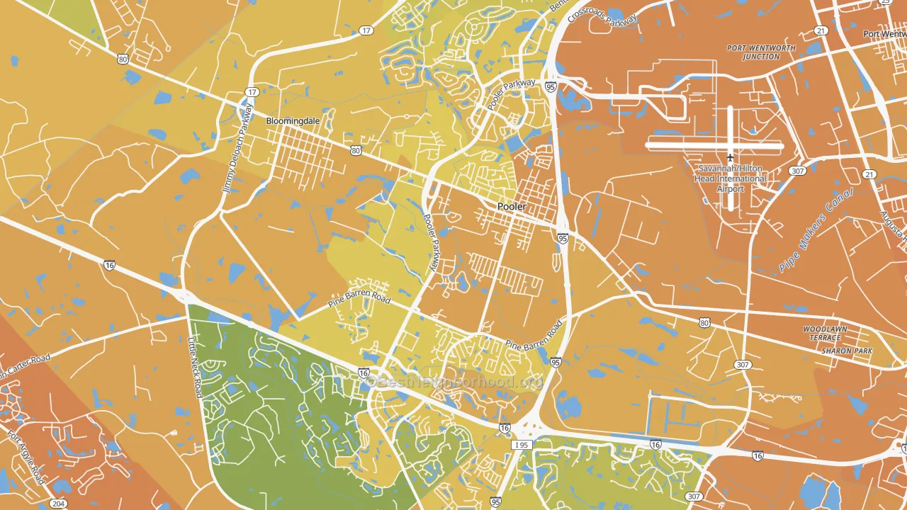 Map of the best neighborhoods in the Pooler area, with better matches in green and worse matches in red