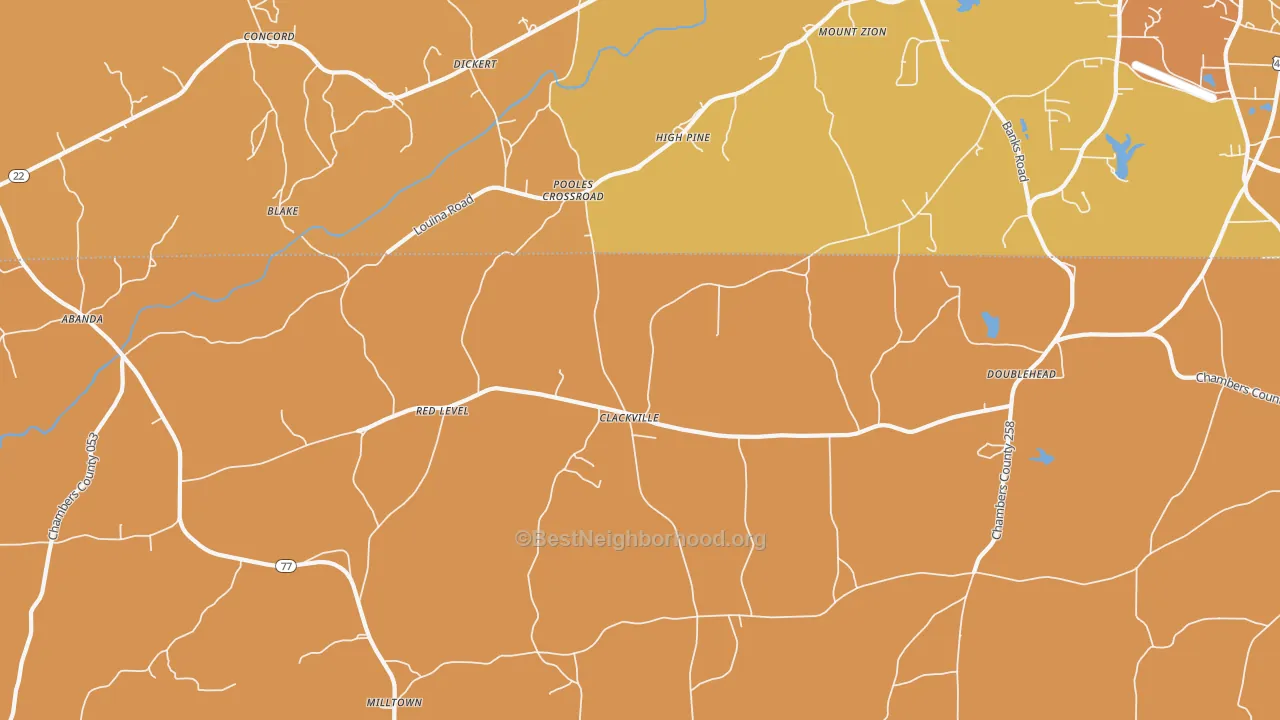 Map of the best neighborhoods in the Pooles Crossroad area, with better matches in green and worse matches in red