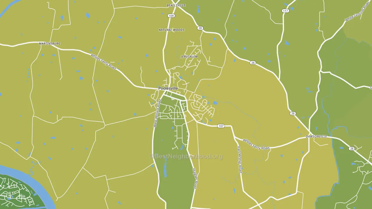 Map of the best neighborhoods in the Poolesville area, with better matches in green and worse matches in red