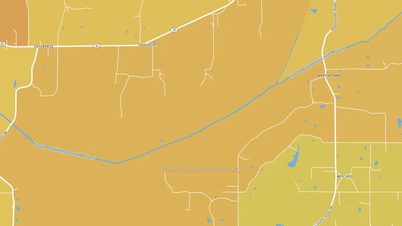 Map of the best neighborhoods in the Poolville area, with better matches in green and worse matches in red