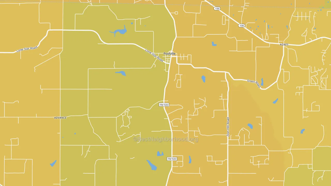 Map of the best neighborhoods in the Poolville area, with better matches in green and worse matches in red