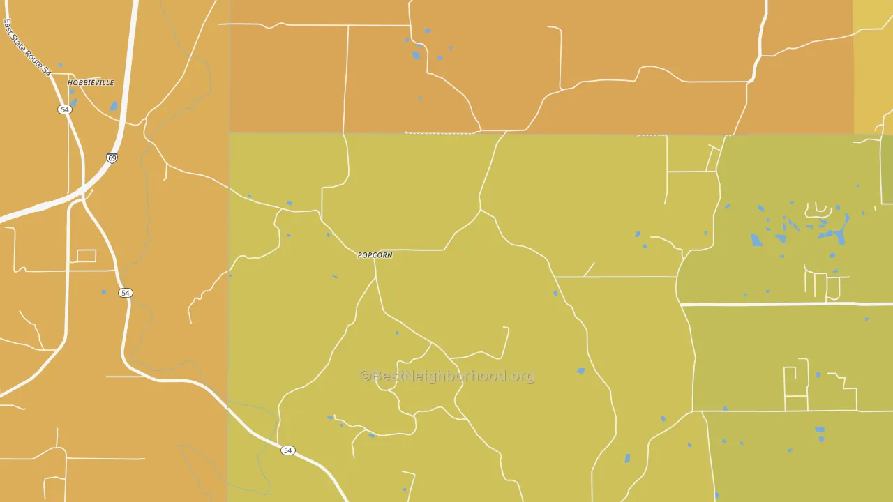 Map of the best neighborhoods in the Popcorn area, with better matches in green and worse matches in red