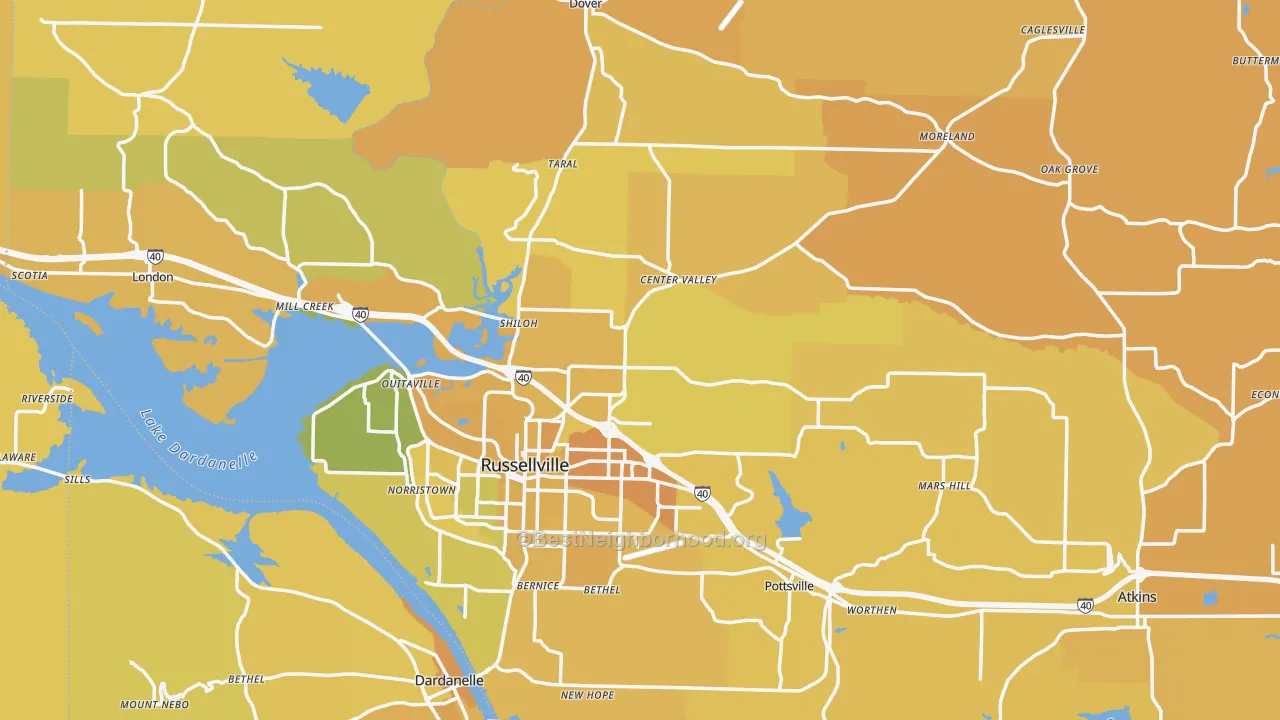 Map of the best neighborhoods in the Pope County area, with better matches in green and worse matches in red