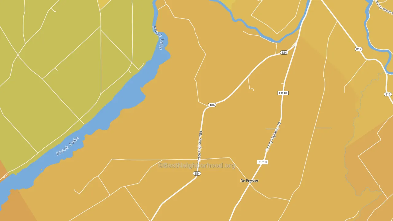 Map of the best neighborhoods in the Pope Mills area, with better matches in green and worse matches in red