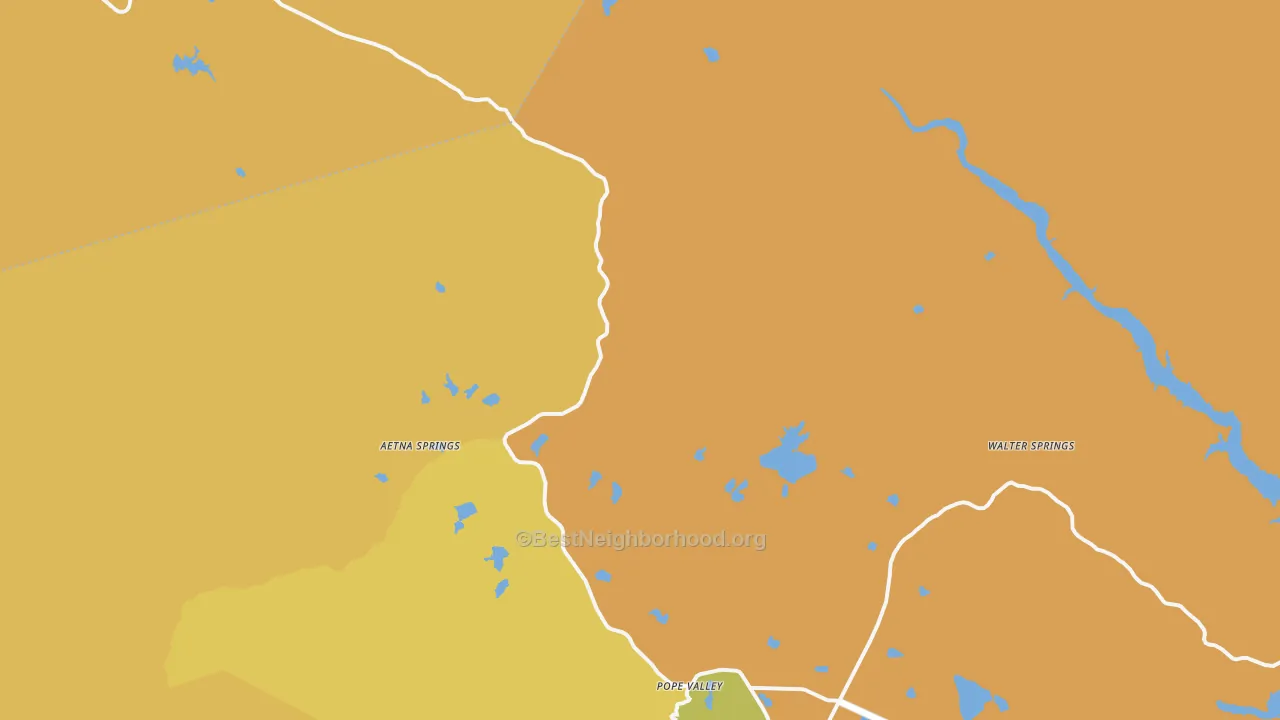 Map of the best neighborhoods in the Pope Valley area, with better matches in green and worse matches in red