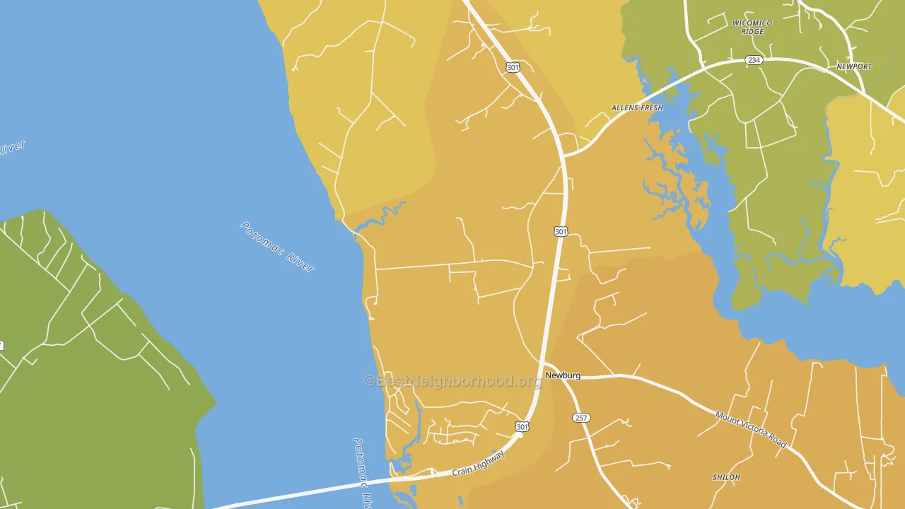 Map of the best neighborhoods in the Popes Creek area, with better matches in green and worse matches in red
