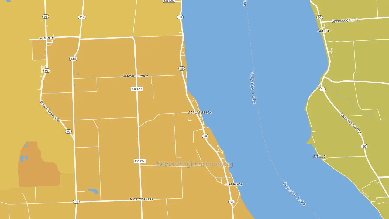 Map of the best neighborhoods in the Poplar Beach area, with better matches in green and worse matches in red