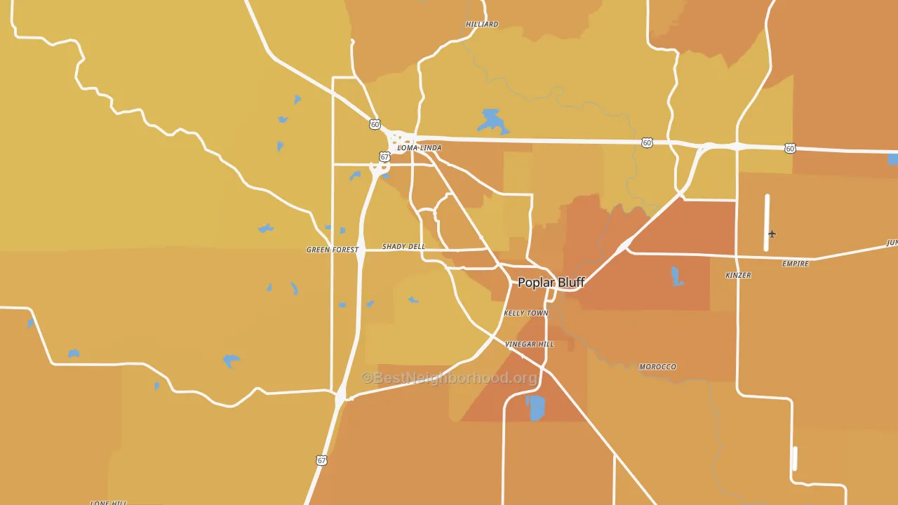 Map of the best neighborhoods in the Poplar Bluff area, with better matches in green and worse matches in red
