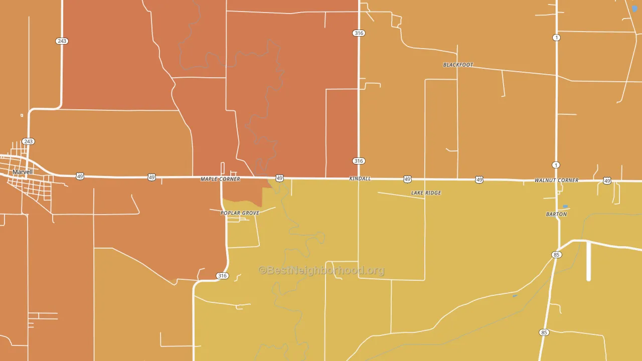 Map of the best neighborhoods in the Poplar Grove area, with better matches in green and worse matches in red
