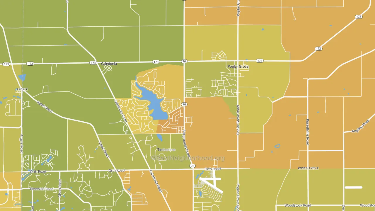 Map of the best neighborhoods in the Poplar Grove area, with better matches in green and worse matches in red