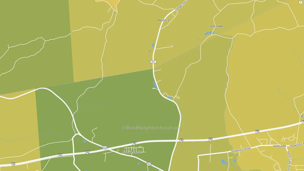 Map of the best neighborhoods in the Poplar Grove area, with better matches in green and worse matches in red