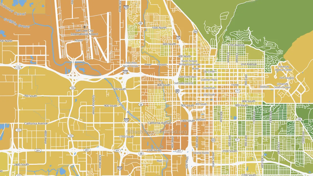 Map of the best neighborhoods in the Poplar Grove, Salt Lake City area, with better matches in green and worse matches in red