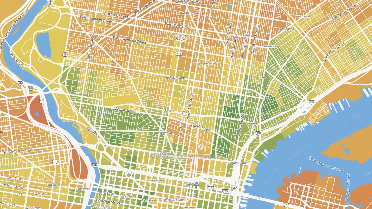 Map of the best neighborhoods in the Poplar-Ludlow-Yorktowne, Philadelphia area, with better matches in green and worse matches in red