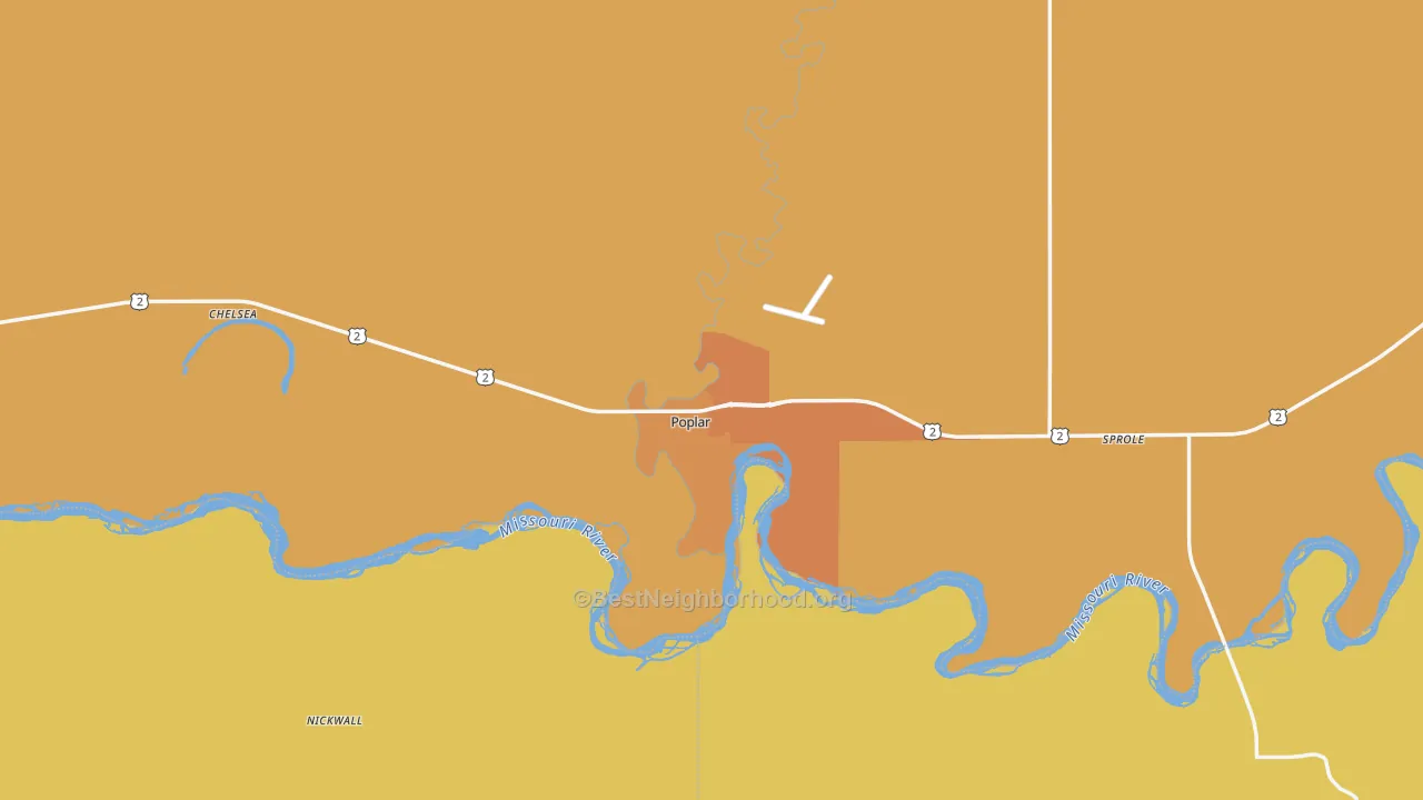 Map of the best neighborhoods in the Poplar area, with better matches in green and worse matches in red