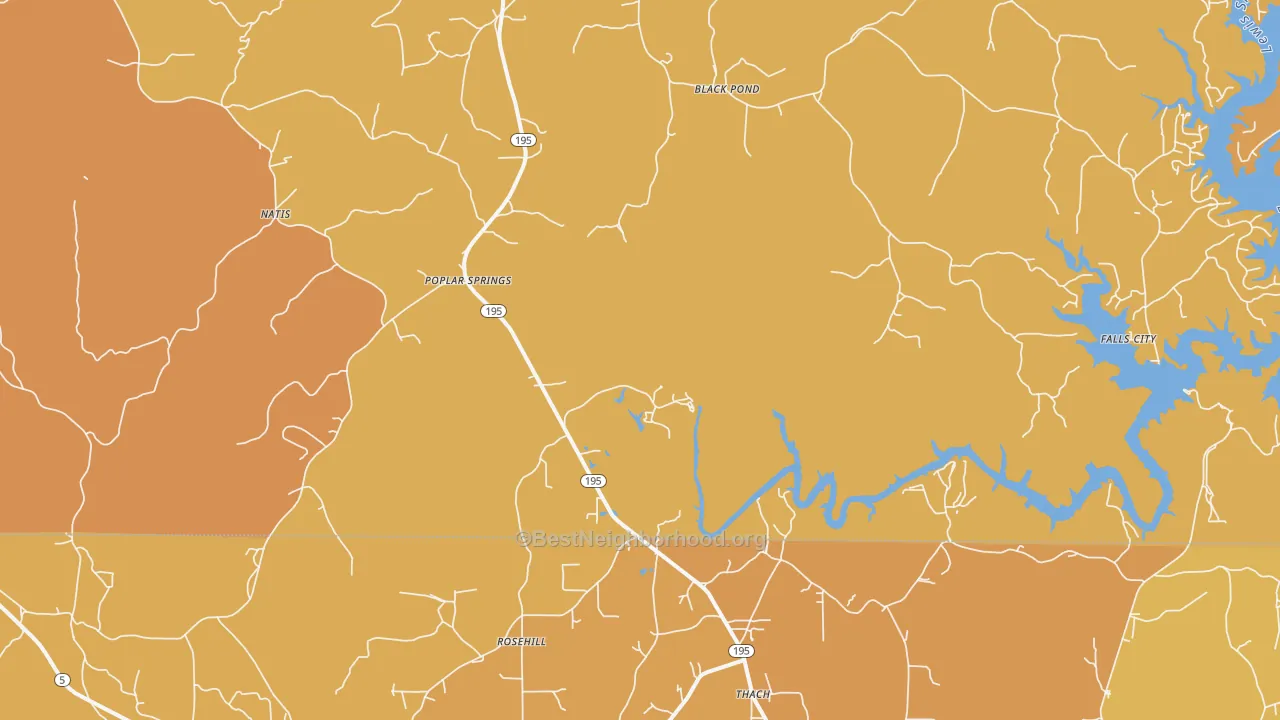 Map of the best neighborhoods in the Poplar Springs area, with better matches in green and worse matches in red