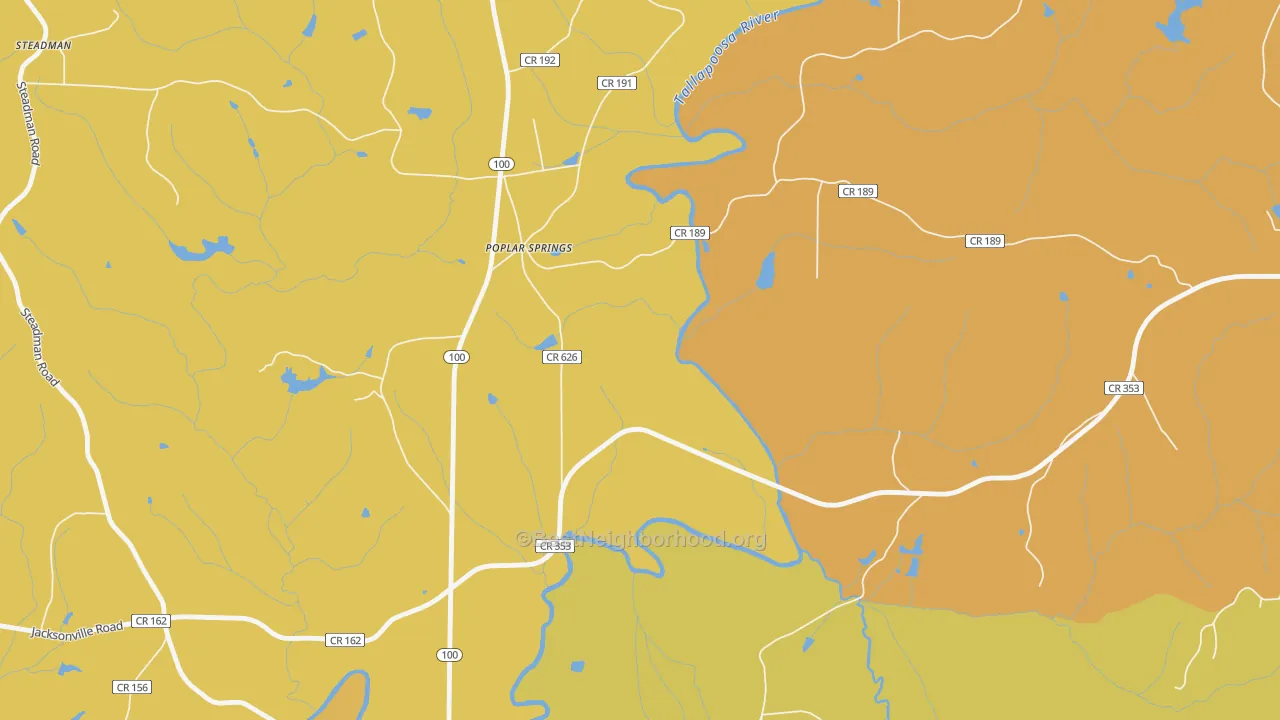 Map of the best neighborhoods in the Poplar Springs area, with better matches in green and worse matches in red