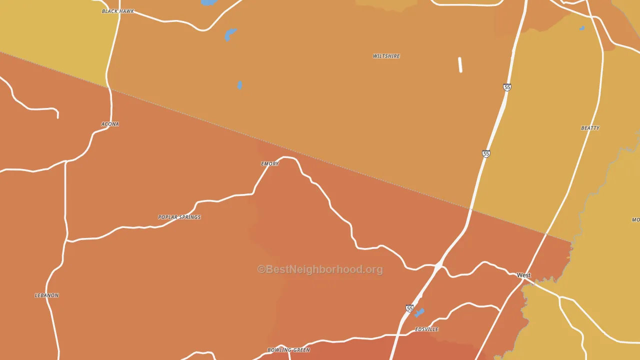 Map of the best neighborhoods in the Poplar Springs area, with better matches in green and worse matches in red