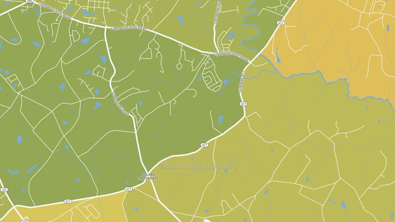 Map of the best neighborhoods in the Poplar Springs area, with better matches in green and worse matches in red