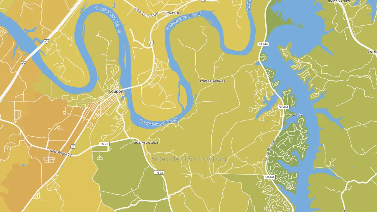 Map of the best neighborhoods in the Poplar Springs area, with better matches in green and worse matches in red