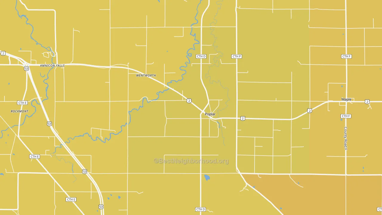 Map of the best neighborhoods in the Poplar area, with better matches in green and worse matches in red