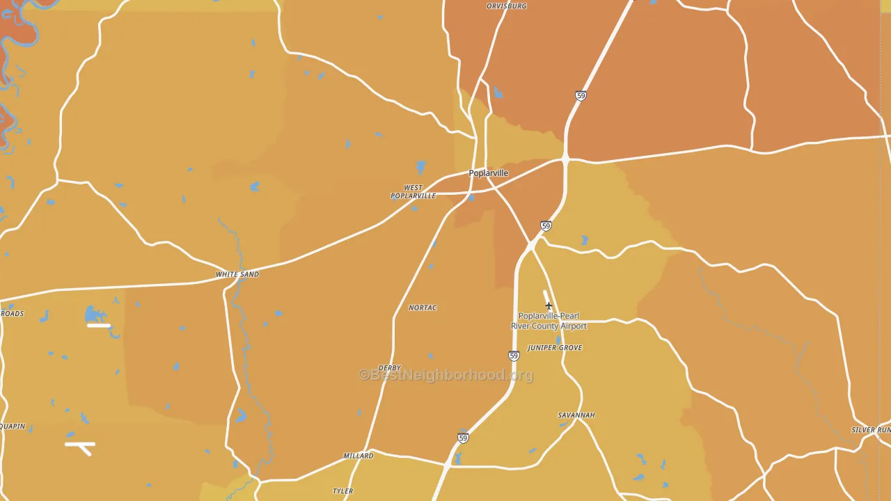 Map of the best neighborhoods in the Poplarville area, with better matches in green and worse matches in red