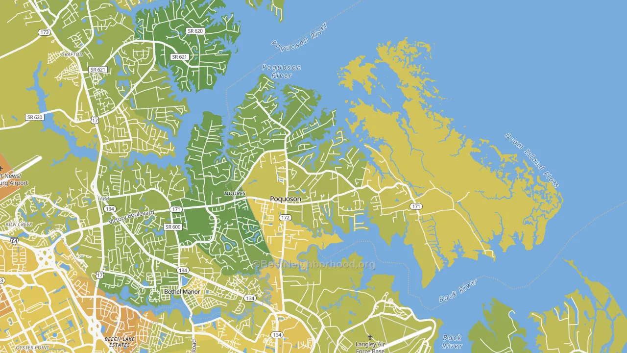 Map of the best neighborhoods in the Poquoson area, with better matches in green and worse matches in red