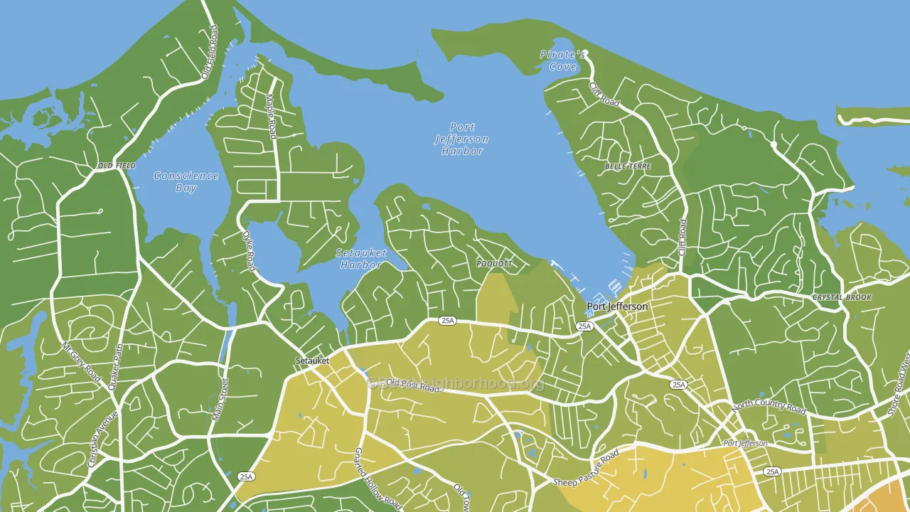 Map of the best neighborhoods in the Poquott area, with better matches in green and worse matches in red