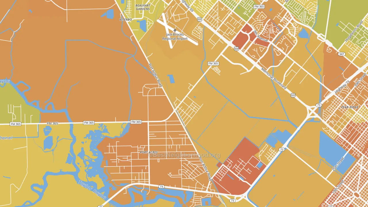 Map of the best neighborhoods in the Port Acres area, with better matches in green and worse matches in red