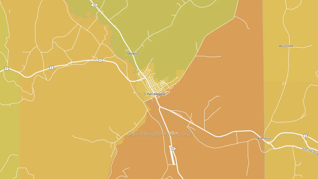 Map of the best neighborhoods in the Port Allegany area, with better matches in green and worse matches in red