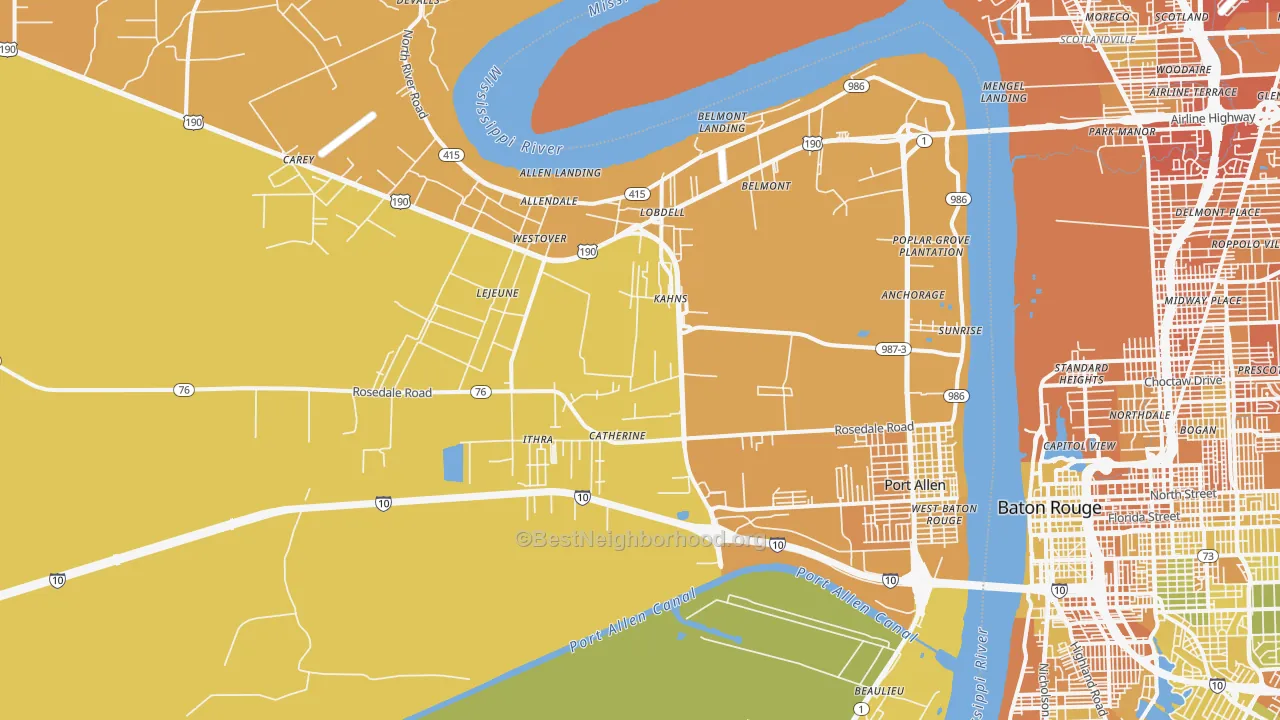 Map of the best neighborhoods in the Port Allen area, with better matches in green and worse matches in red