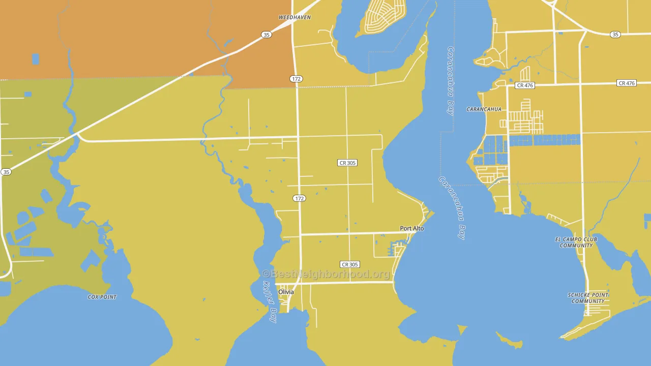Map of the best neighborhoods in the Port Alto area, with better matches in green and worse matches in red