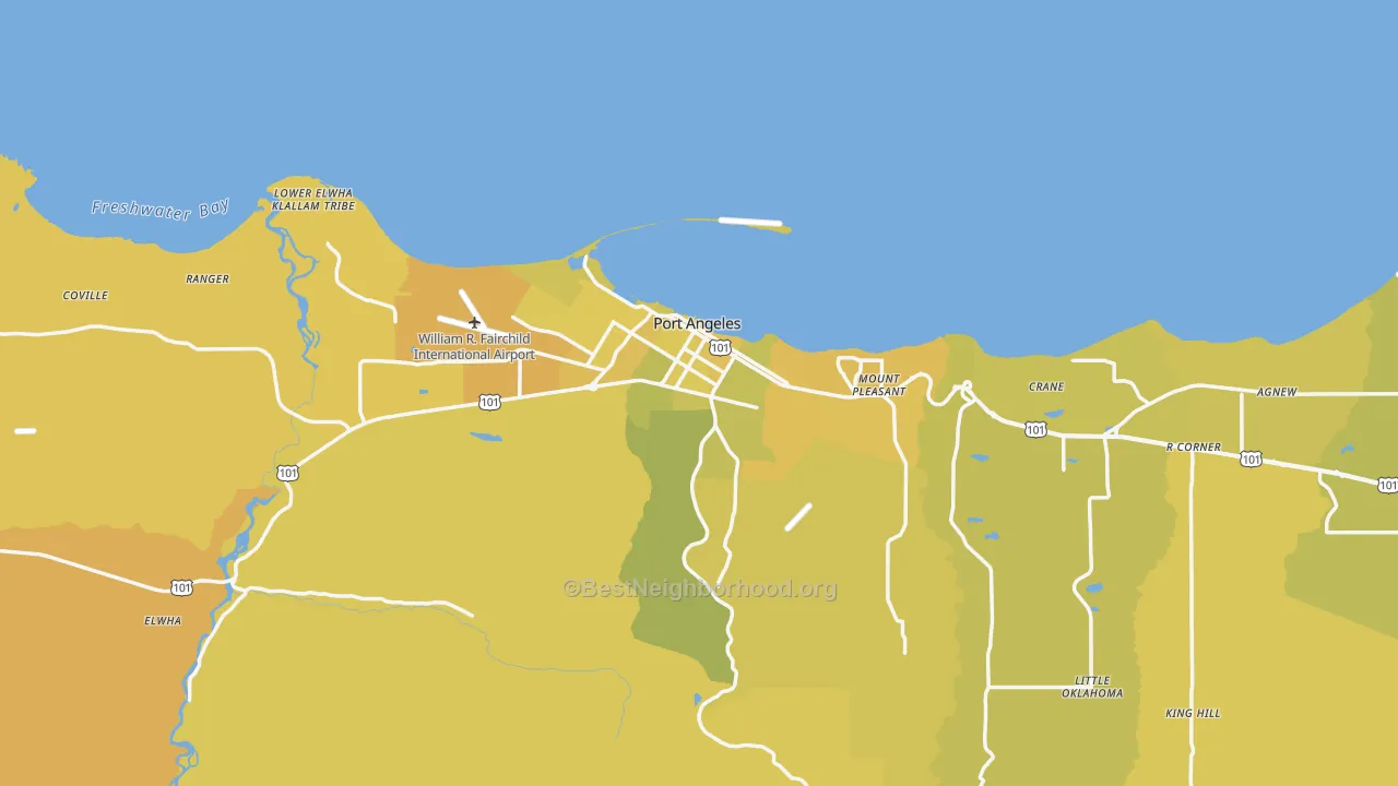 Map of the best neighborhoods in the Port Angeles area, with better matches in green and worse matches in red