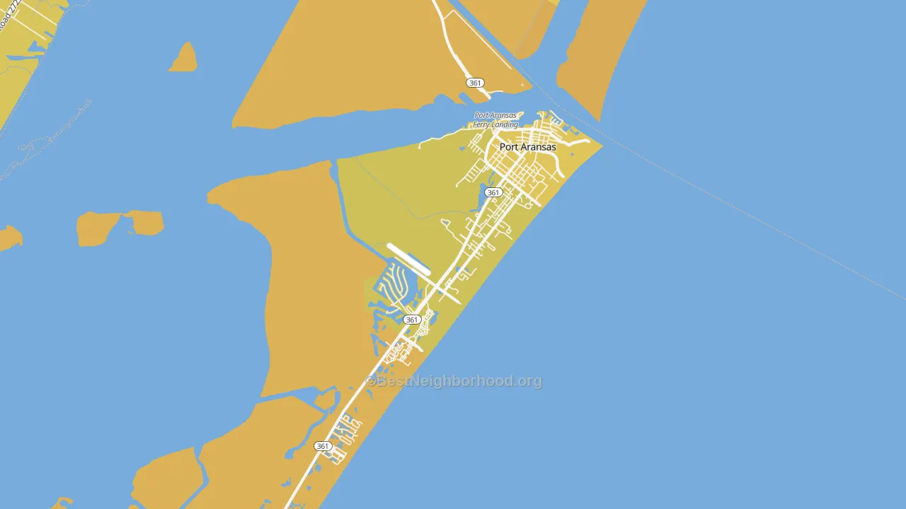 Map of the best neighborhoods in the Port Aransas area, with better matches in green and worse matches in red