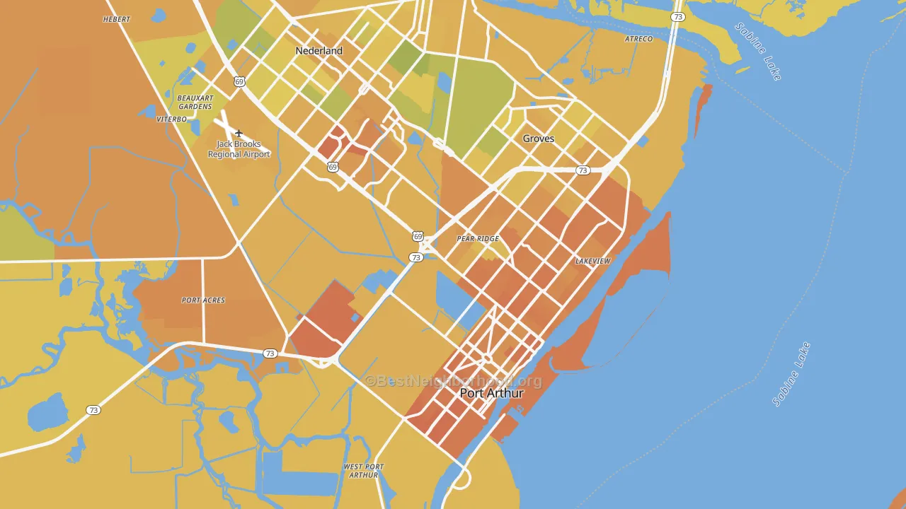 Map of the best neighborhoods in the Port Arthur area, with better matches in green and worse matches in red