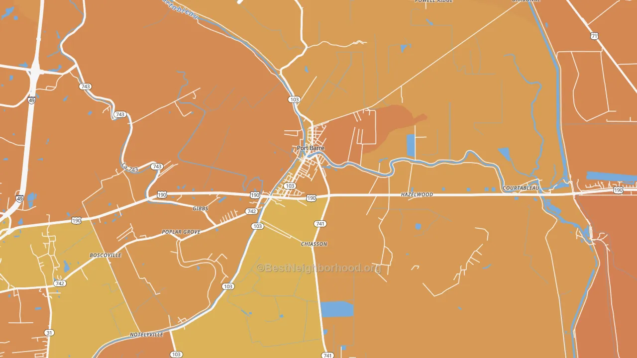 Map of the best neighborhoods in the Port Barre area, with better matches in green and worse matches in red