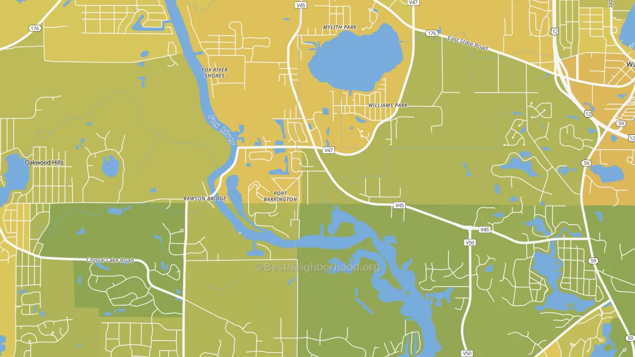 Map of the best neighborhoods in the Port Barrington area, with better matches in green and worse matches in red