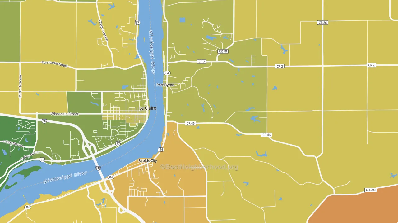 Map of the best neighborhoods in the Port Byron area, with better matches in green and worse matches in red