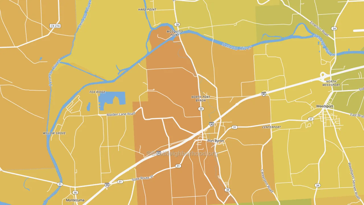 Map of the best neighborhoods in the Port Byron area, with better matches in green and worse matches in red