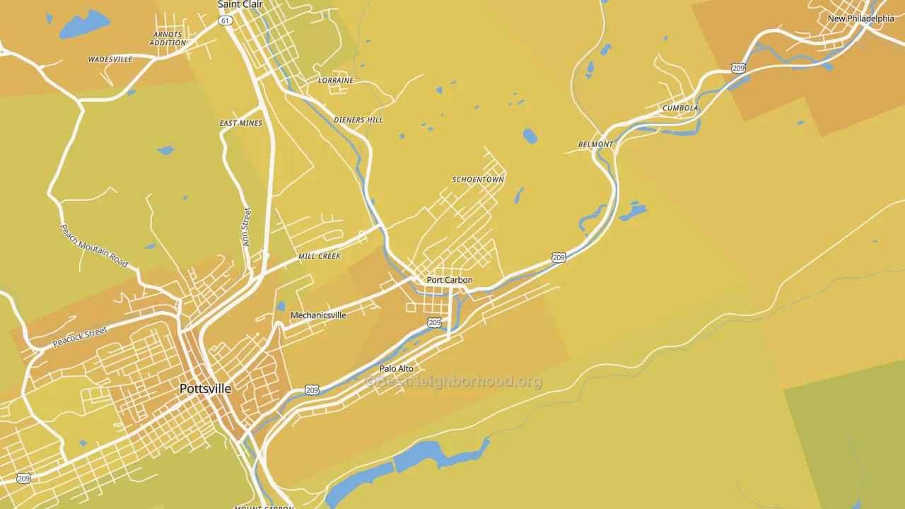 Map of the best neighborhoods in the Port Carbon area, with better matches in green and worse matches in red