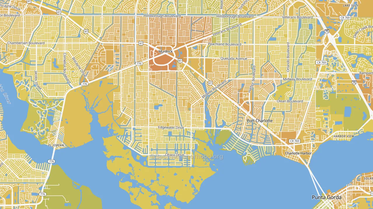Map of the best neighborhoods in the Port Charlotte area, with better matches in green and worse matches in red