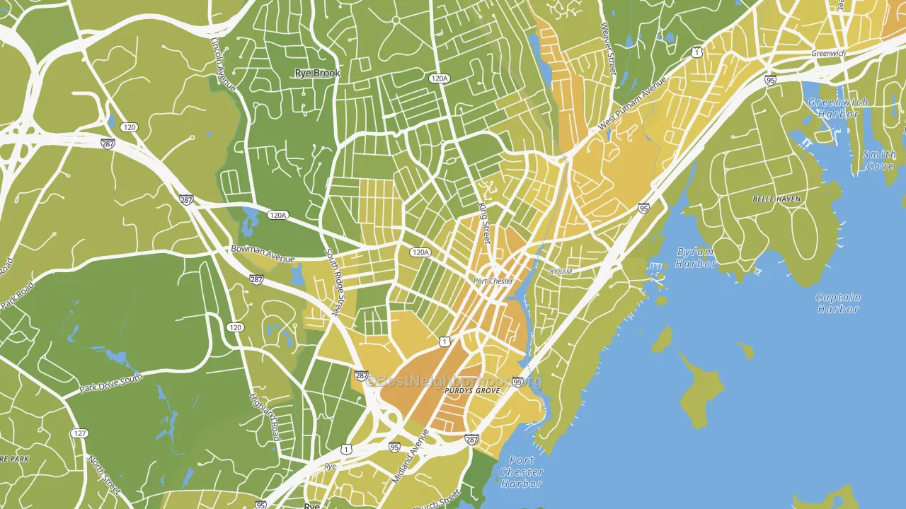 Map of the best neighborhoods in the Port Chester area, with better matches in green and worse matches in red